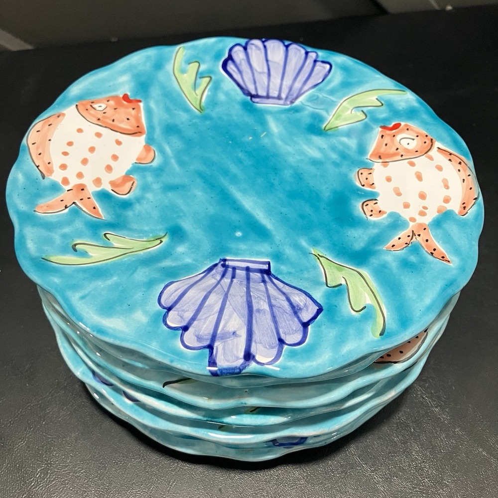 La Musa Italy Set of 7 Hand Painted Fish Seashell 8 inch Salad Dessert Plates